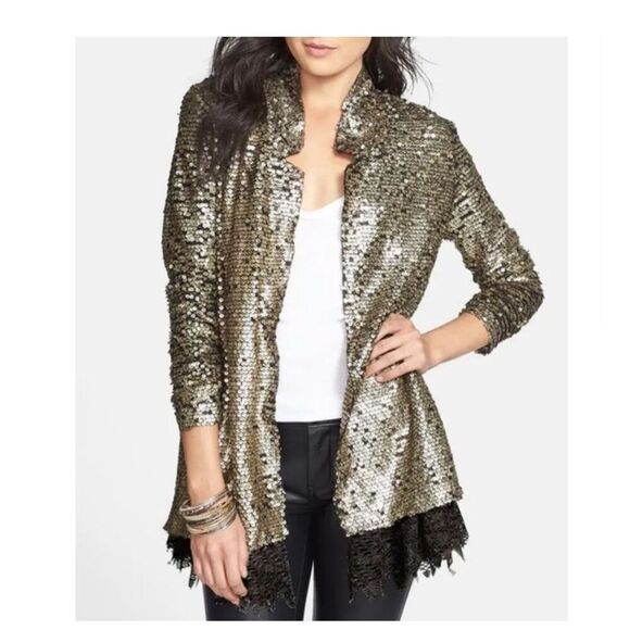 NWT Free People Gold Tarnished Sequin Stardust Jacket Blazer Black Lace Pockets - Picture 1 of 14